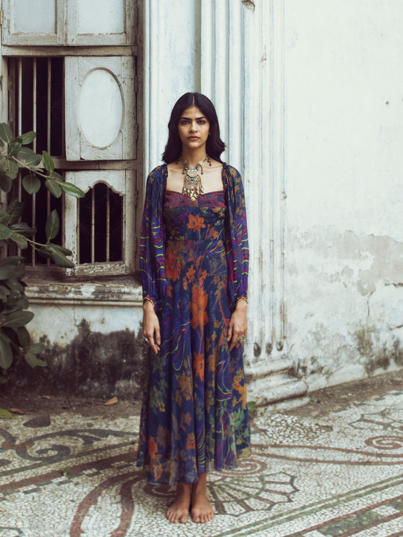 Deep Blue Long Flared Dress | Shop Saundh