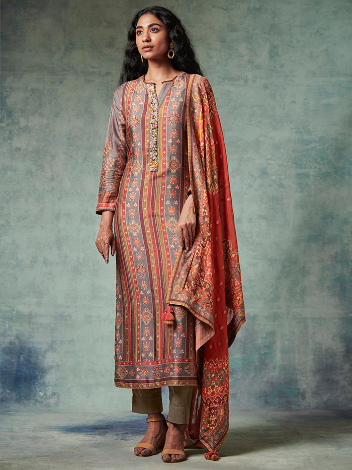 Grey Red Kurta Set with Dupatta | Shop Saundh