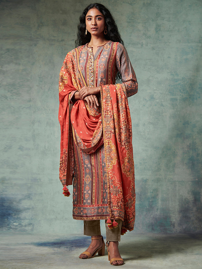Grey Red Kurta Set with Dupatta | Shop Saundh