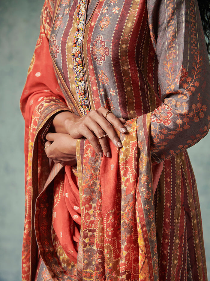 Grey Red Kurta Set with Dupatta | Shop Saundh