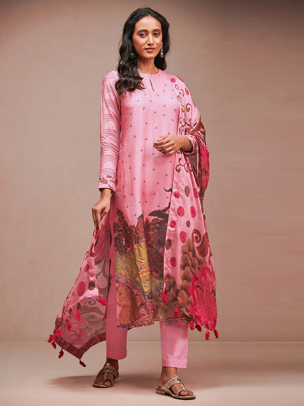 Pink Printed Unstitched Kurta Set | Shop Saundh