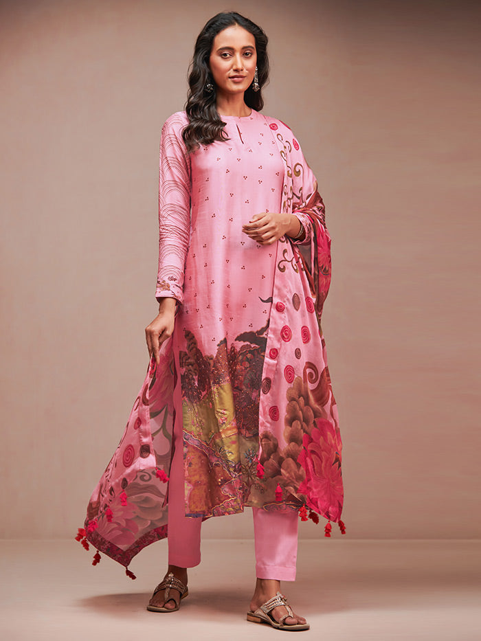 Pink Printed Unstitched Kurta Set | Shop Saundh