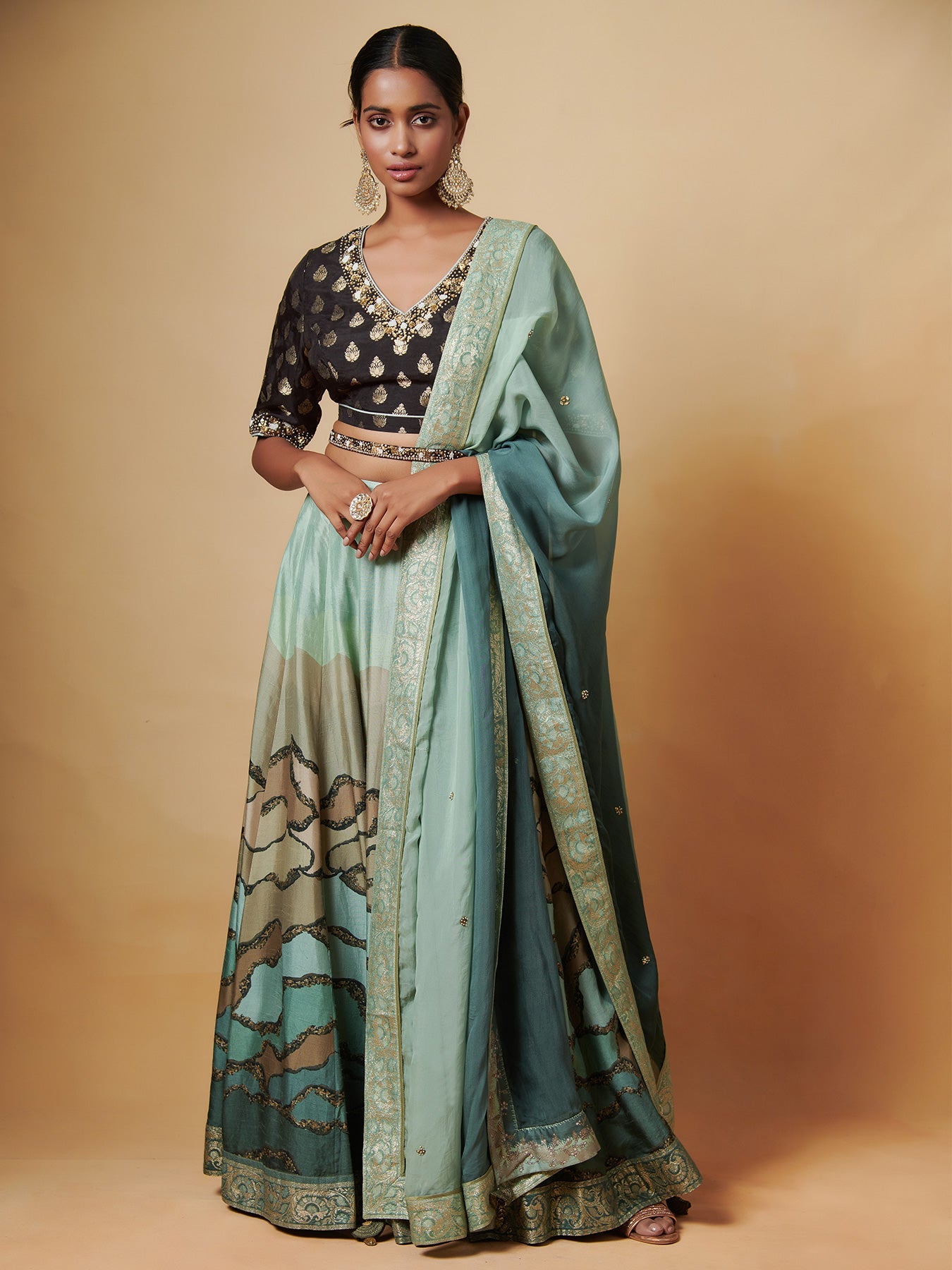 Teal Silk Lehenga Set in Raw Silk | Shop Saundh