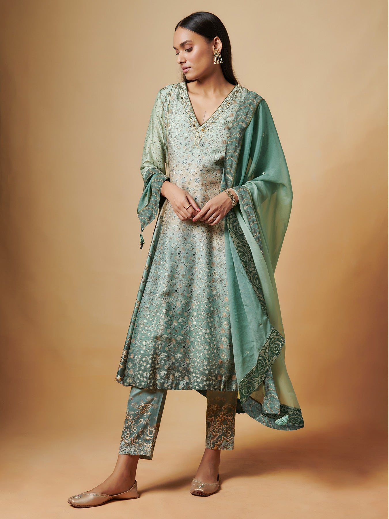 Mist Green Silk Kurta Set with Dupatta  | Shop Saundh