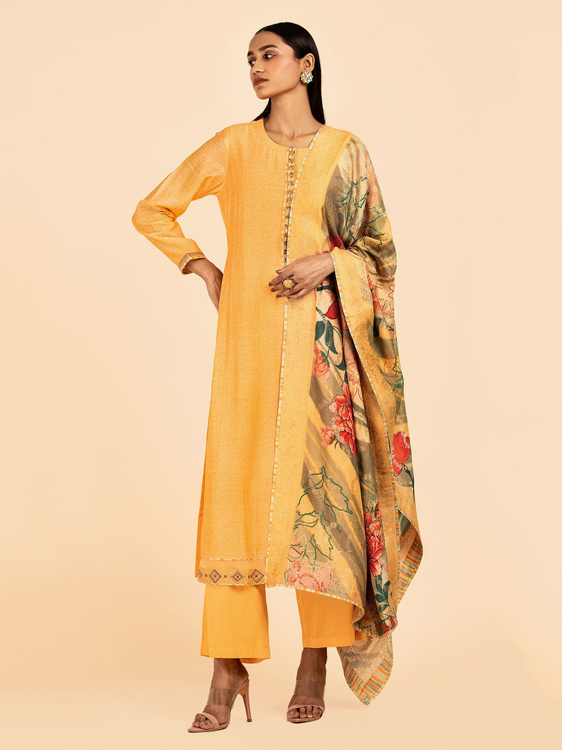 Yellow Unstitched Silk Suit | Shop Saundh