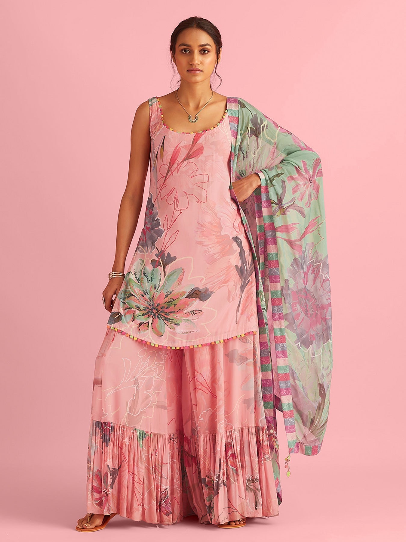 Floral Fantasy Pink Natural Crepe Kurta Sharara Set