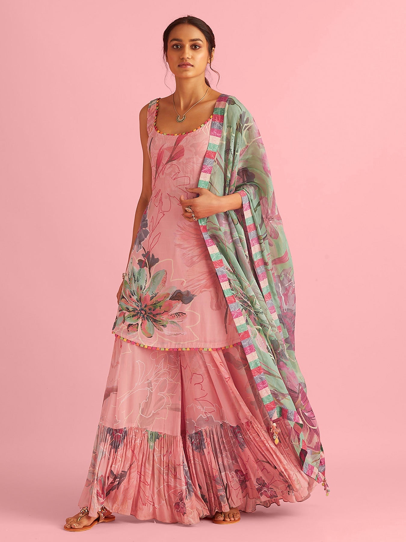 Floral Fantasy Pink Natural Crepe Kurta Sharara Set