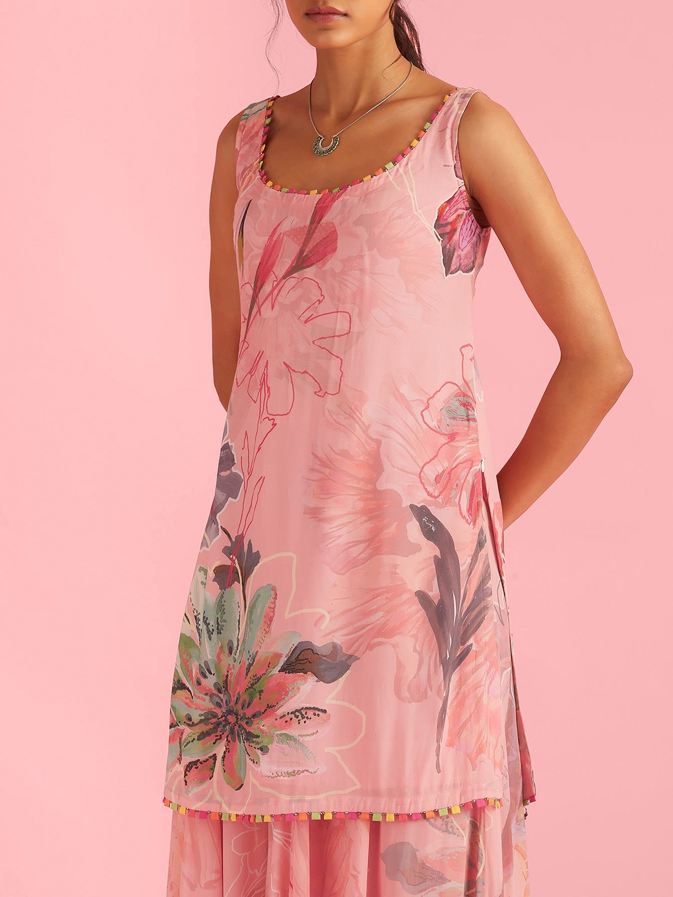 Floral Fantasy Pink Natural Crepe Kurta Sharara Set