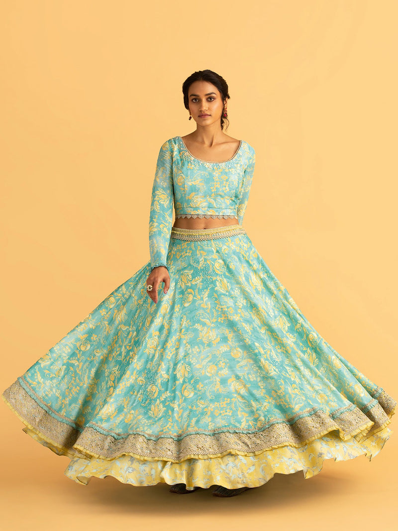 Mysore Mint Blue Lehenga with Dupatta in Raw Silk
