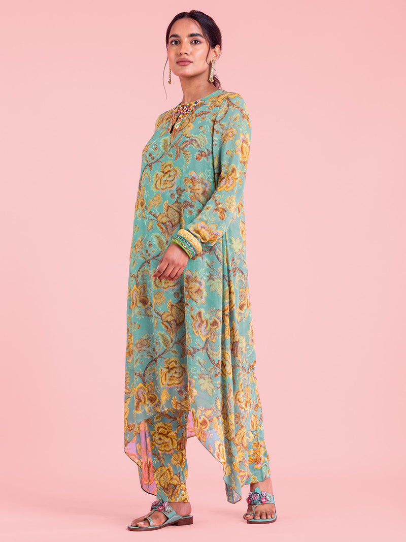 Vayu Handkerchief Hemmed Teal Blue Kurta Set